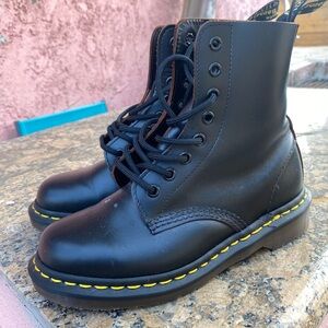 Dr. Martens Black Leather Boots with Yellow Stitching